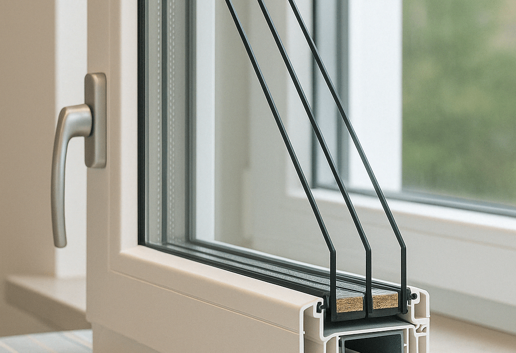Dettaglio tecnico dell’anta triangolare di serramenti con triplo vetro della linea Euro Design 86 Plus in PVC