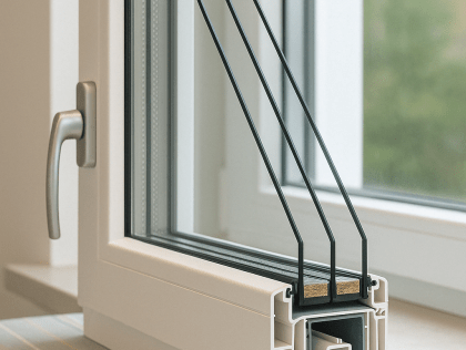Dettaglio tecnico dell’anta triangolare di serramenti con triplo vetro della linea Euro Design 86 Plus in PVC