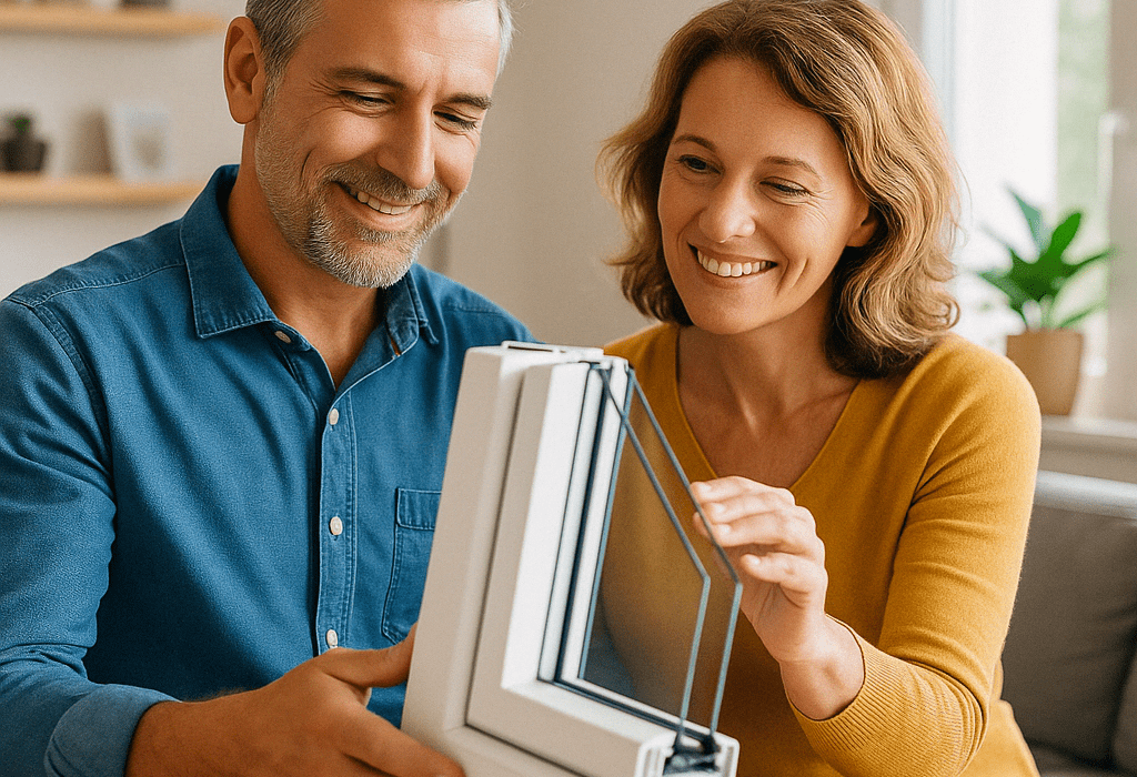 Coppia sorridente in un soggiorno moderno con serramenti nuovi luminosi e isolanti