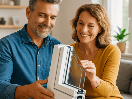Coppia sorridente in un soggiorno moderno con serramenti nuovi luminosi e isolanti