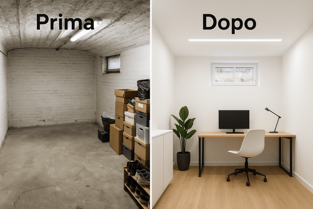 Prima e dopo trasformazione seminterrato in ufficio luminoso