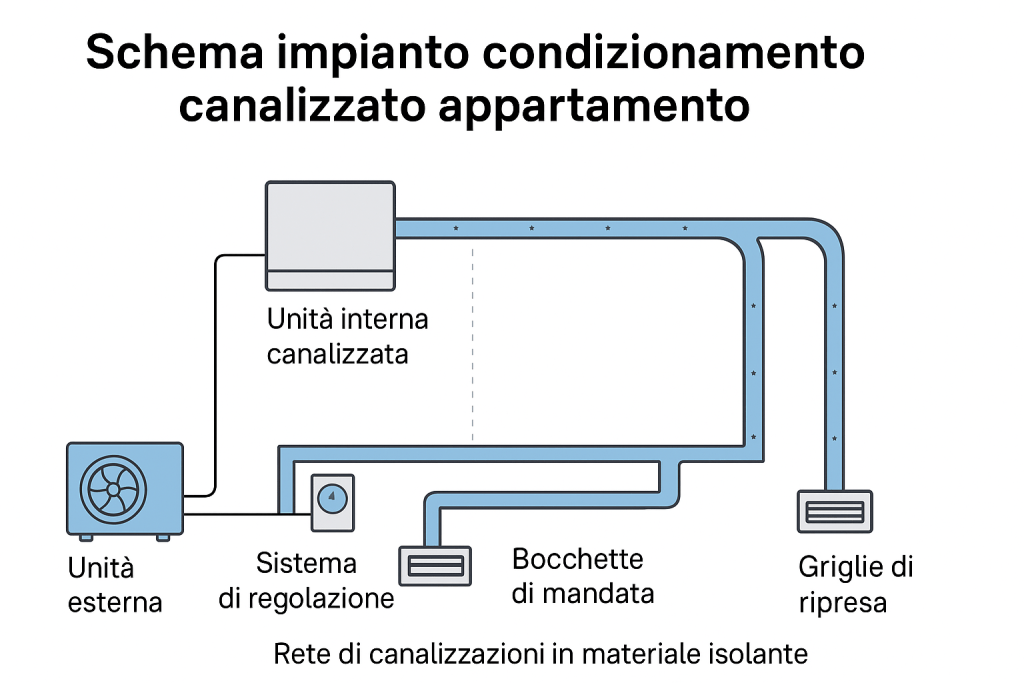 Schema impianto condizionamento canalizzato appartamento Schema impianto condizionamento canalizzato appartamento con unità esterna, unità interna, canalizzazioni e bocchette di mandata e ripresa
