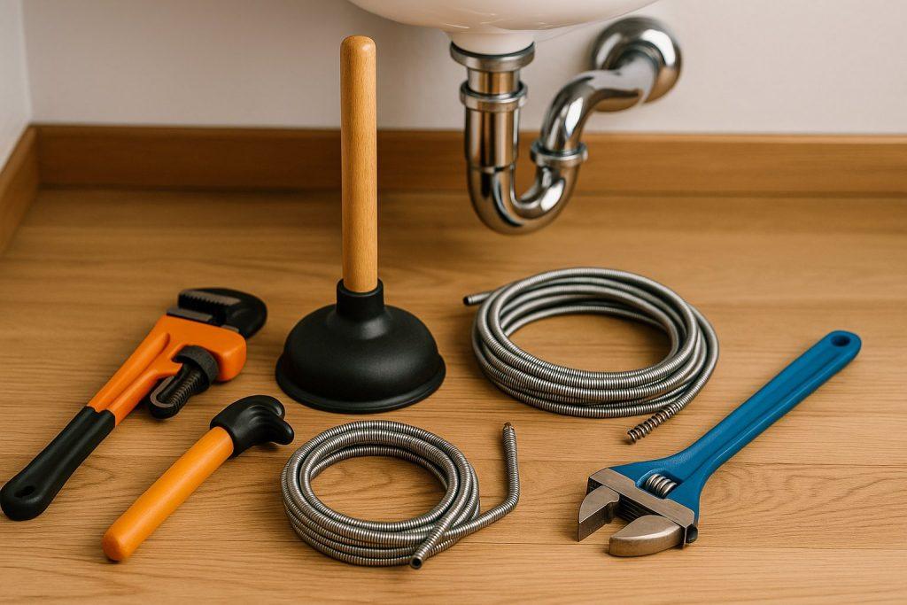 Attrezzatura idraulica economica Torino con chiavi, pompa manuale e sonde sturatubi