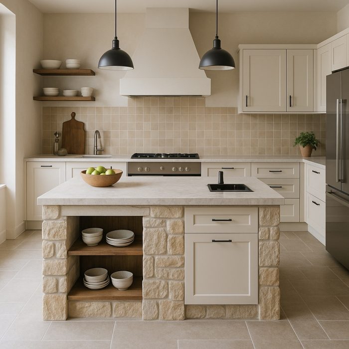 Cucina in muratura moderna con isola centrale e design su misura