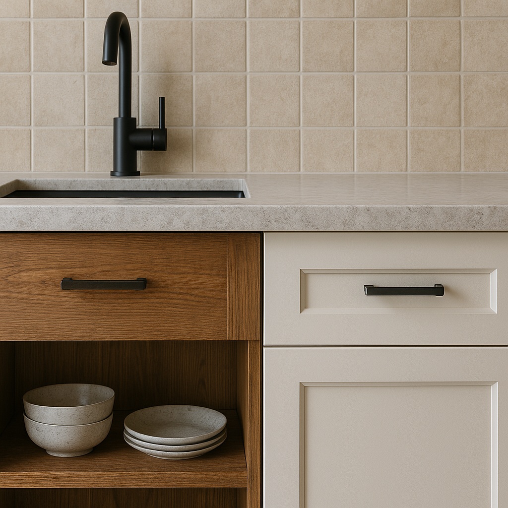 Dettaglio di materiali naturali per cucina in muratura moderna