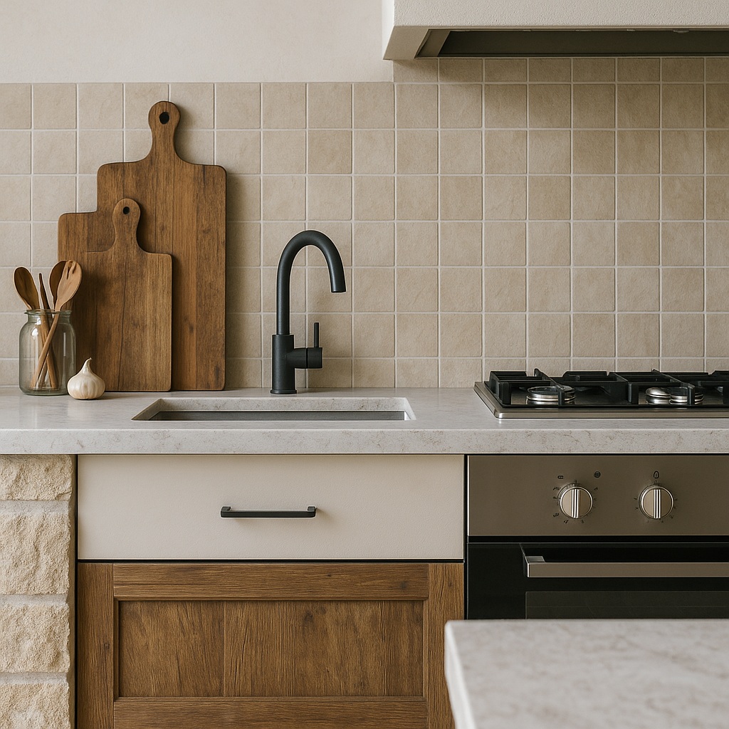 Cucina in muratura moderna illuminata con faretti e lampadari sospesi