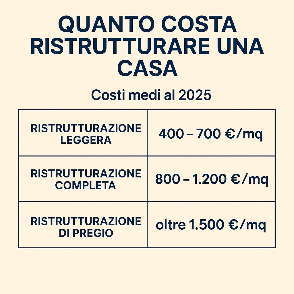 Infografica costi ristrutturazione casa 2025 – lavori leggeri, completi e di pregio